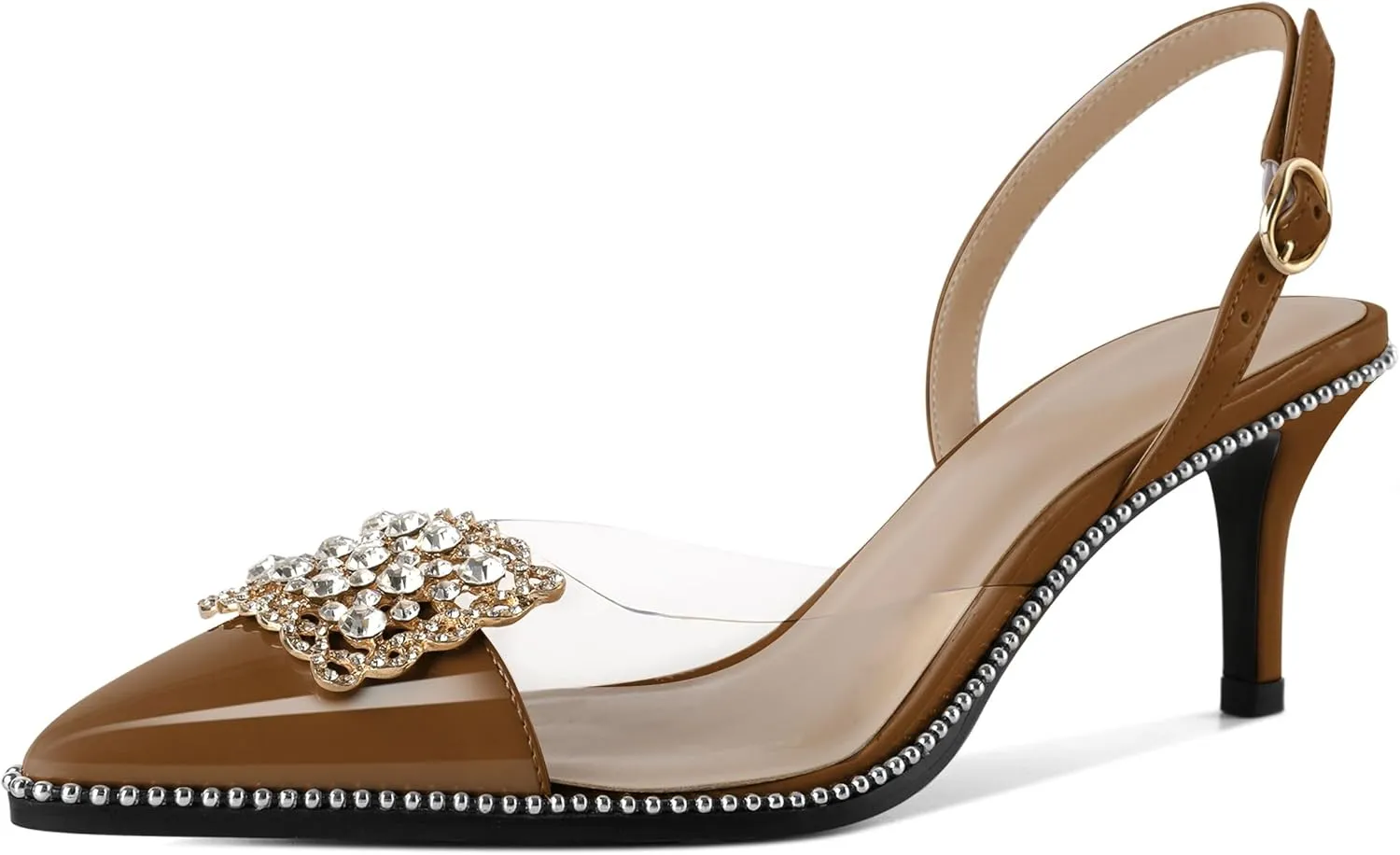 Soireelady Womens Low Kitten Slingback Heel Pumps Transparent Clear PVC Shoes Pointed Toe Slip On Crystal Rhinestones Dress Shoes 2.5 Inches
