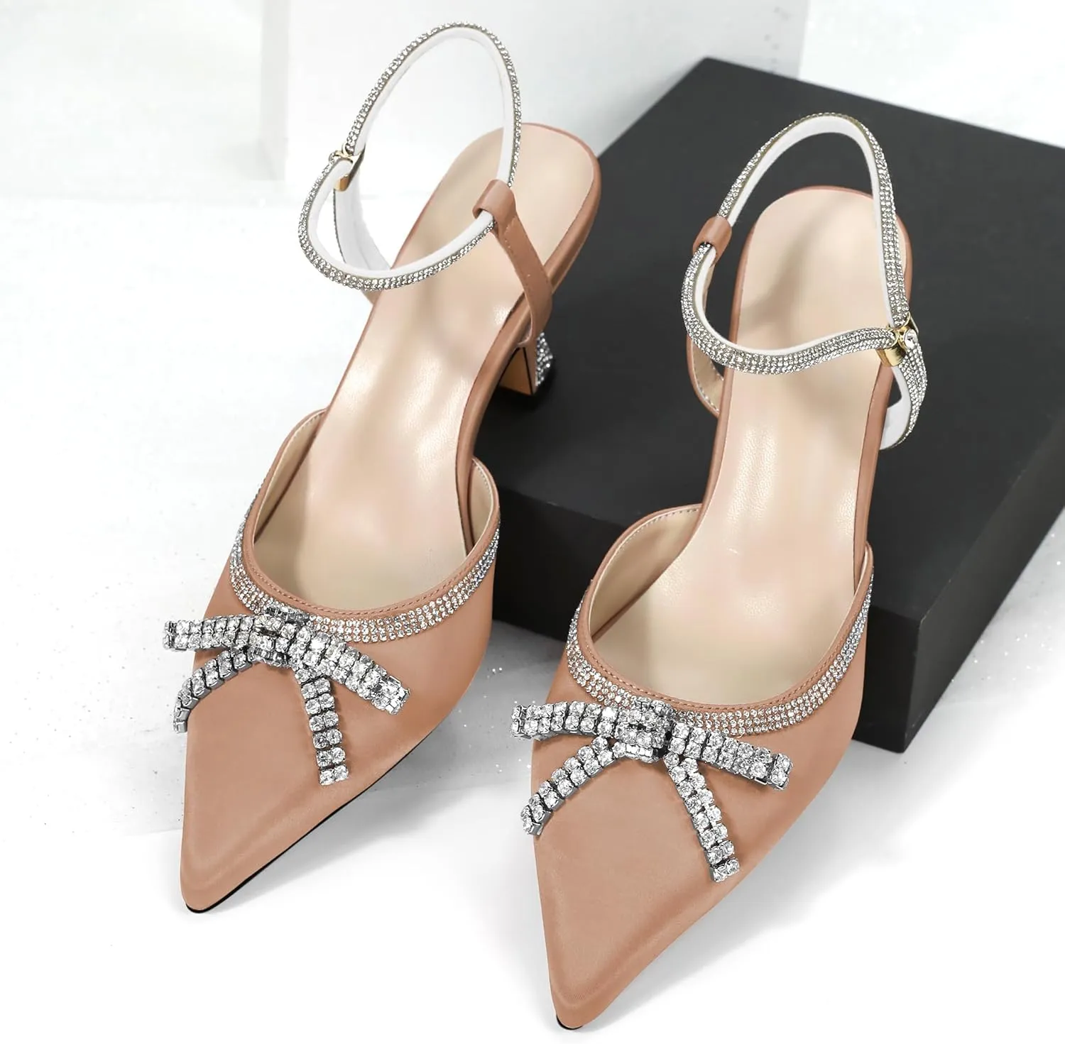 Soireelady Womens Rhinestone Bow Heels Closed Toe Low Kitten Heel Pumps Sparkly Slingback Ankle Strap Pointed Toe Wedding Bridal Dress Shoes 2.5 Inches