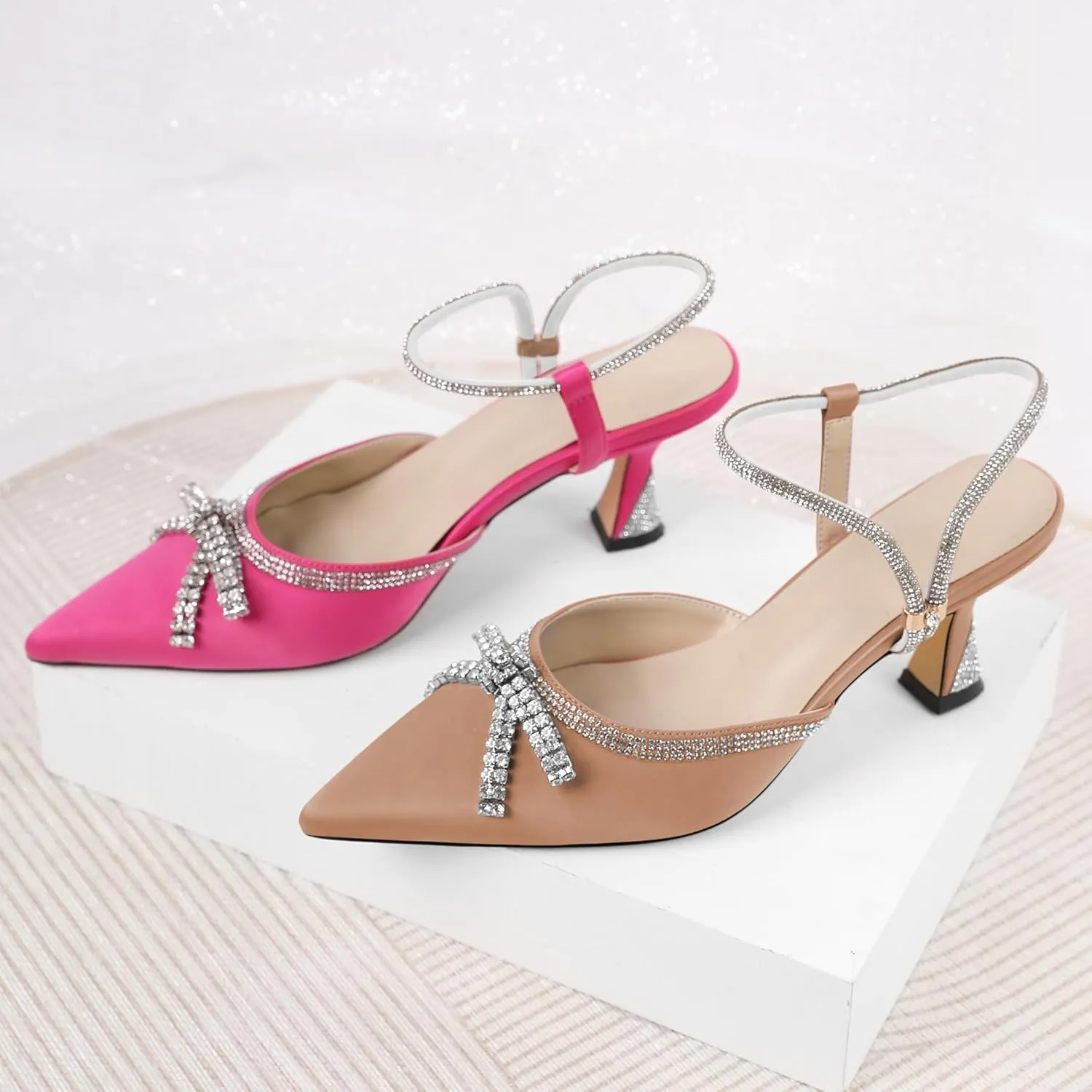 Soireelady Womens Rhinestone Bow Heels Closed Toe Low Kitten Heel Pumps Sparkly Slingback Ankle Strap Pointed Toe Wedding Bridal Dress Shoes 2.5 Inches