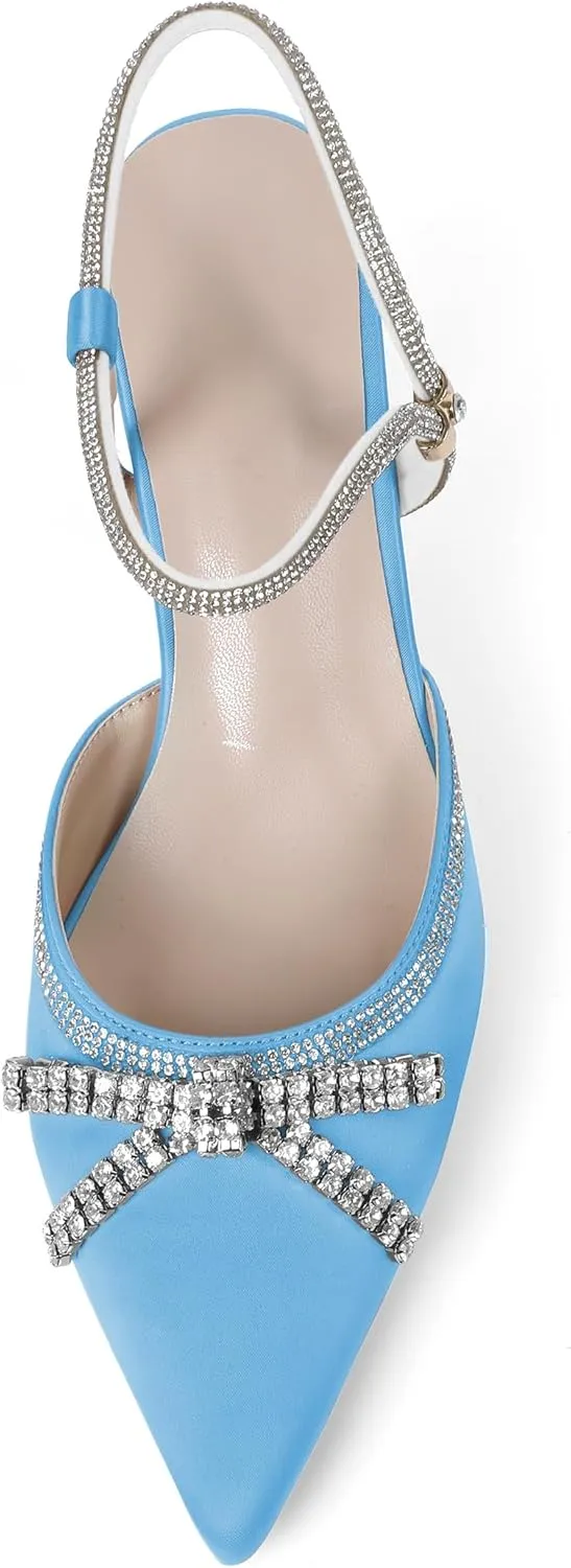 Soireelady Womens Rhinestone Bow Heels Closed Toe Low Kitten Heel Pumps Sparkly Slingback Ankle Strap Pointed Toe Wedding Bridal Dress Shoes 2.5 Inches