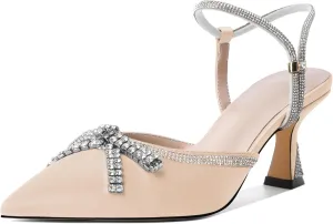 Soireelady Womens Rhinestone Bow Heels Closed Toe Low Kitten Heel Pumps Sparkly Slingback Ankle Strap Pointed Toe Wedding Bridal Dress Shoes 2.5 Inches