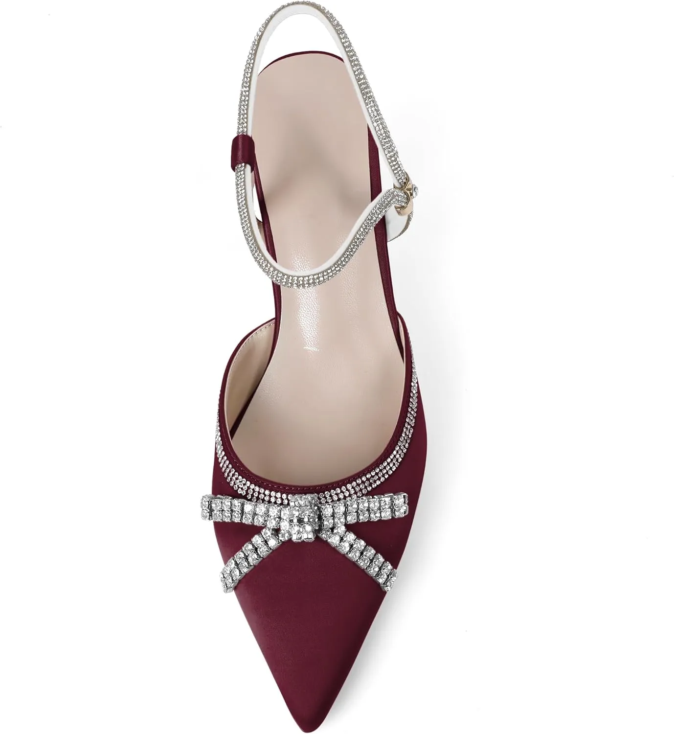 Soireelady Womens Rhinestone Bow Heels Closed Toe Low Kitten Heel Pumps Sparkly Slingback Ankle Strap Pointed Toe Wedding Bridal Dress Shoes 2.5 Inches