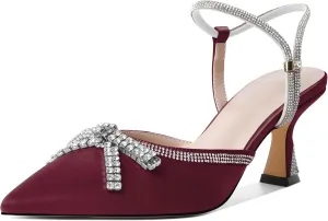 Soireelady Womens Rhinestone Bow Heels Closed Toe Low Kitten Heel Pumps Sparkly Slingback Ankle Strap Pointed Toe Wedding Bridal Dress Shoes 2.5 Inches