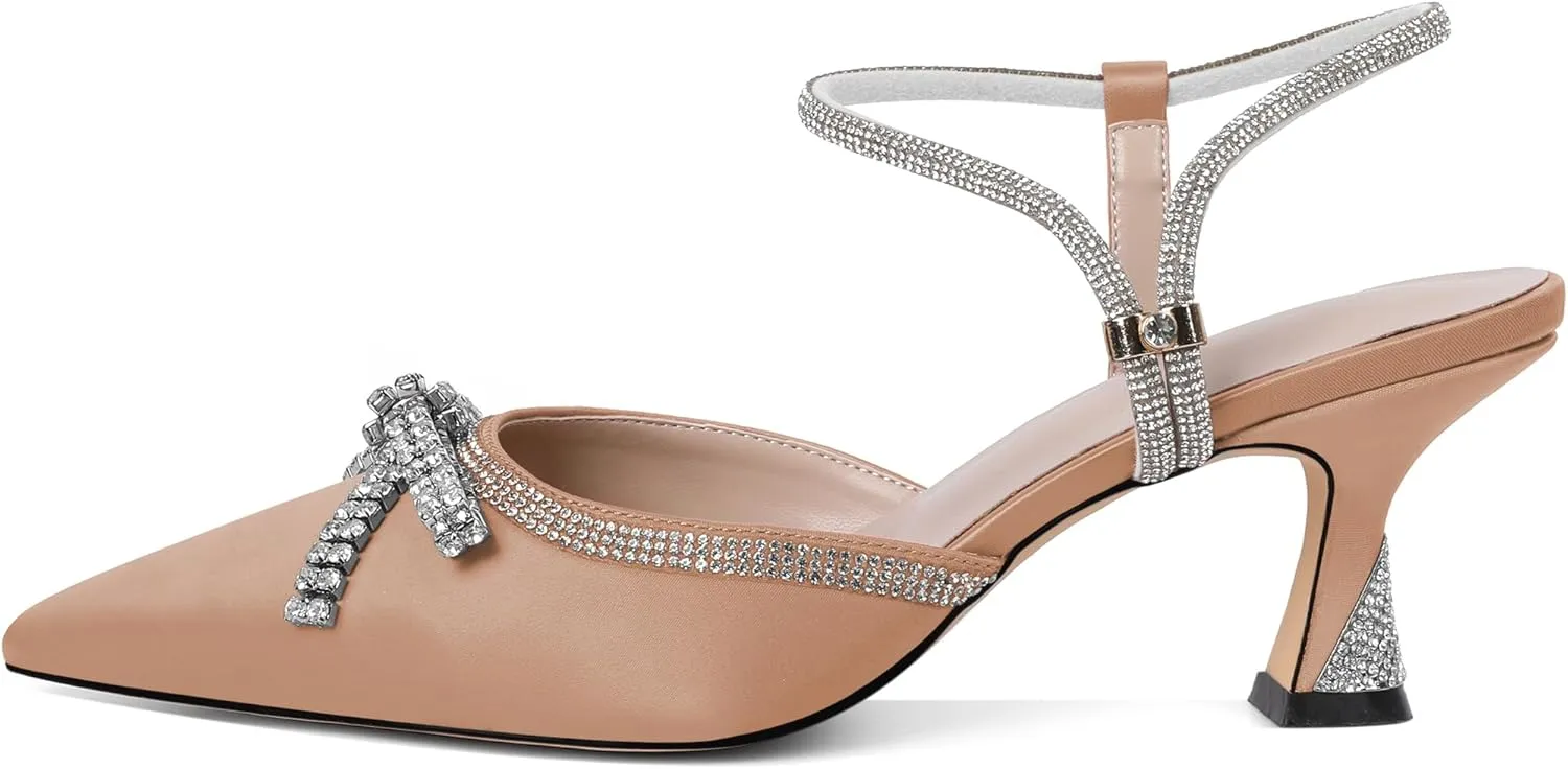 Soireelady Womens Rhinestone Bow Heels Closed Toe Low Kitten Heel Pumps Sparkly Slingback Ankle Strap Pointed Toe Wedding Bridal Dress Shoes 2.5 Inches