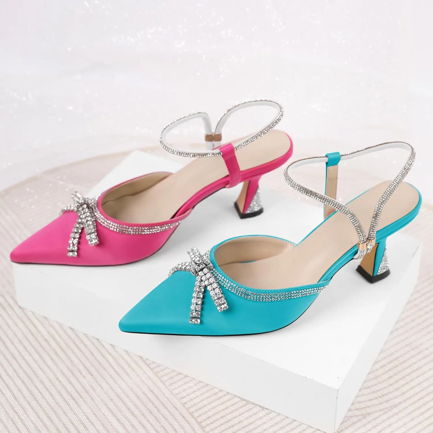 Soireelady Womens Rhinestone Bow Heels Closed Toe Low Kitten Heel Pumps Sparkly Slingback Ankle Strap Pointed Toe Wedding Bridal Dress Shoes 2.5 Inches