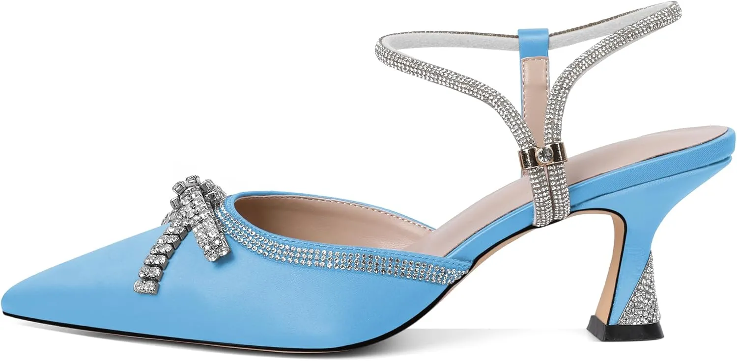 Soireelady Womens Rhinestone Bow Heels Closed Toe Low Kitten Heel Pumps Sparkly Slingback Ankle Strap Pointed Toe Wedding Bridal Dress Shoes 2.5 Inches