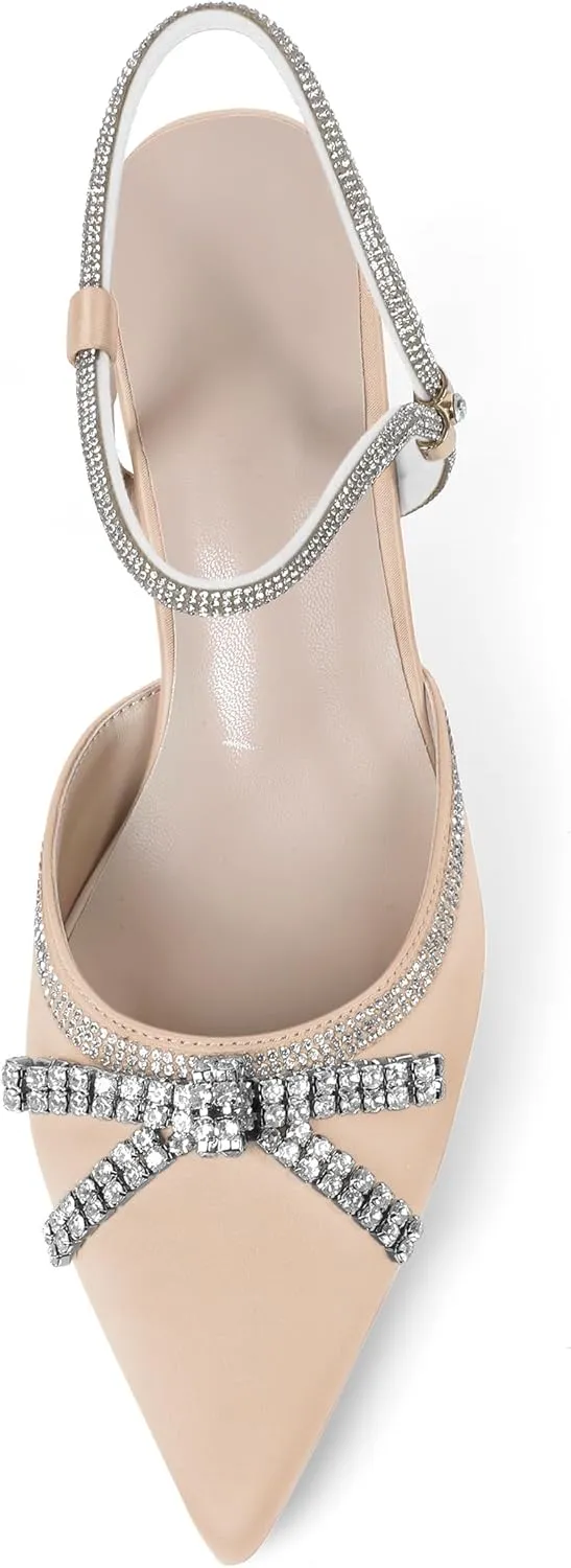 Soireelady Womens Rhinestone Bow Heels Closed Toe Low Kitten Heel Pumps Sparkly Slingback Ankle Strap Pointed Toe Wedding Bridal Dress Shoes 2.5 Inches
