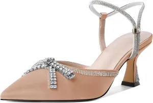 Soireelady Womens Rhinestone Bow Heels Closed Toe Low Kitten Heel Pumps Sparkly Slingback Ankle Strap Pointed Toe Wedding Bridal Dress Shoes 2.5 Inches