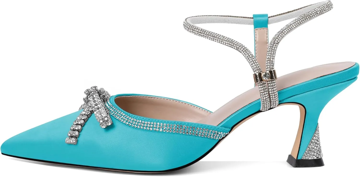 Soireelady Womens Rhinestone Bow Heels Closed Toe Low Kitten Heel Pumps Sparkly Slingback Ankle Strap Pointed Toe Wedding Bridal Dress Shoes 2.5 Inches
