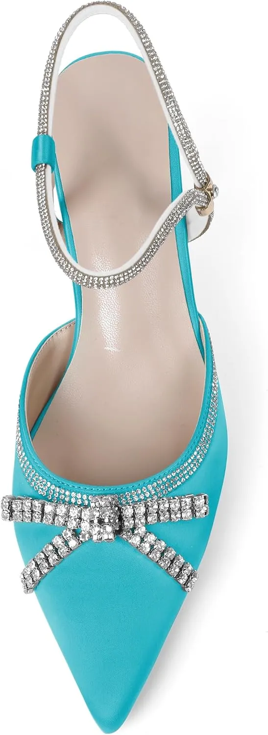 Soireelady Womens Rhinestone Bow Heels Closed Toe Low Kitten Heel Pumps Sparkly Slingback Ankle Strap Pointed Toe Wedding Bridal Dress Shoes 2.5 Inches