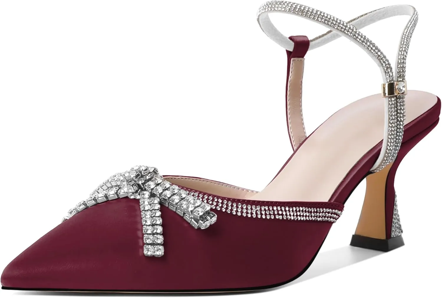 Soireelady Womens Rhinestone Bow Heels Closed Toe Low Kitten Heel Pumps Sparkly Slingback Ankle Strap Pointed Toe Wedding Bridal Dress Shoes 2.5 Inches