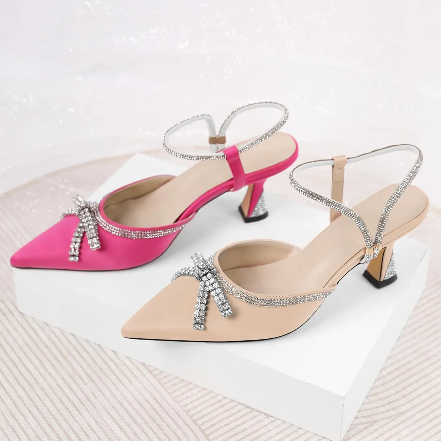 Soireelady Womens Rhinestone Bow Heels Closed Toe Low Kitten Heel Pumps Sparkly Slingback Ankle Strap Pointed Toe Wedding Bridal Dress Shoes 2.5 Inches
