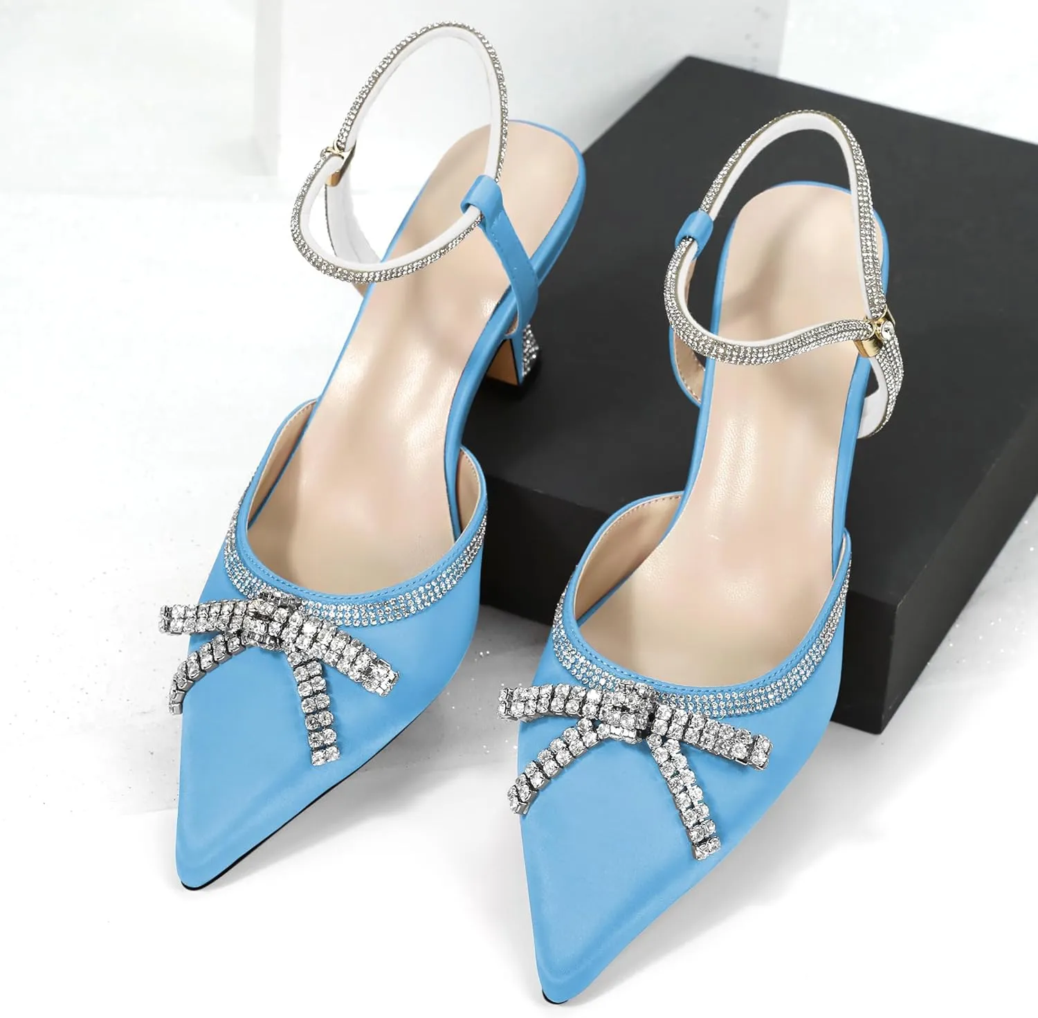 Soireelady Womens Rhinestone Bow Heels Closed Toe Low Kitten Heel Pumps Sparkly Slingback Ankle Strap Pointed Toe Wedding Bridal Dress Shoes 2.5 Inches