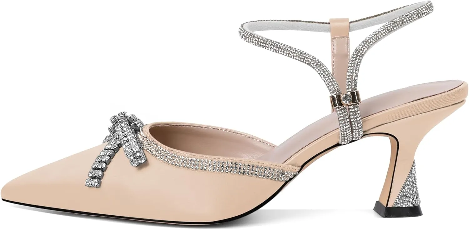 Soireelady Womens Rhinestone Bow Heels Closed Toe Low Kitten Heel Pumps Sparkly Slingback Ankle Strap Pointed Toe Wedding Bridal Dress Shoes 2.5 Inches