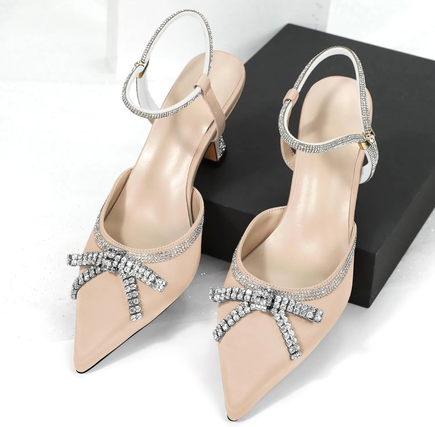 Soireelady Womens Rhinestone Bow Heels Closed Toe Low Kitten Heel Pumps Sparkly Slingback Ankle Strap Pointed Toe Wedding Bridal Dress Shoes 2.5 Inches