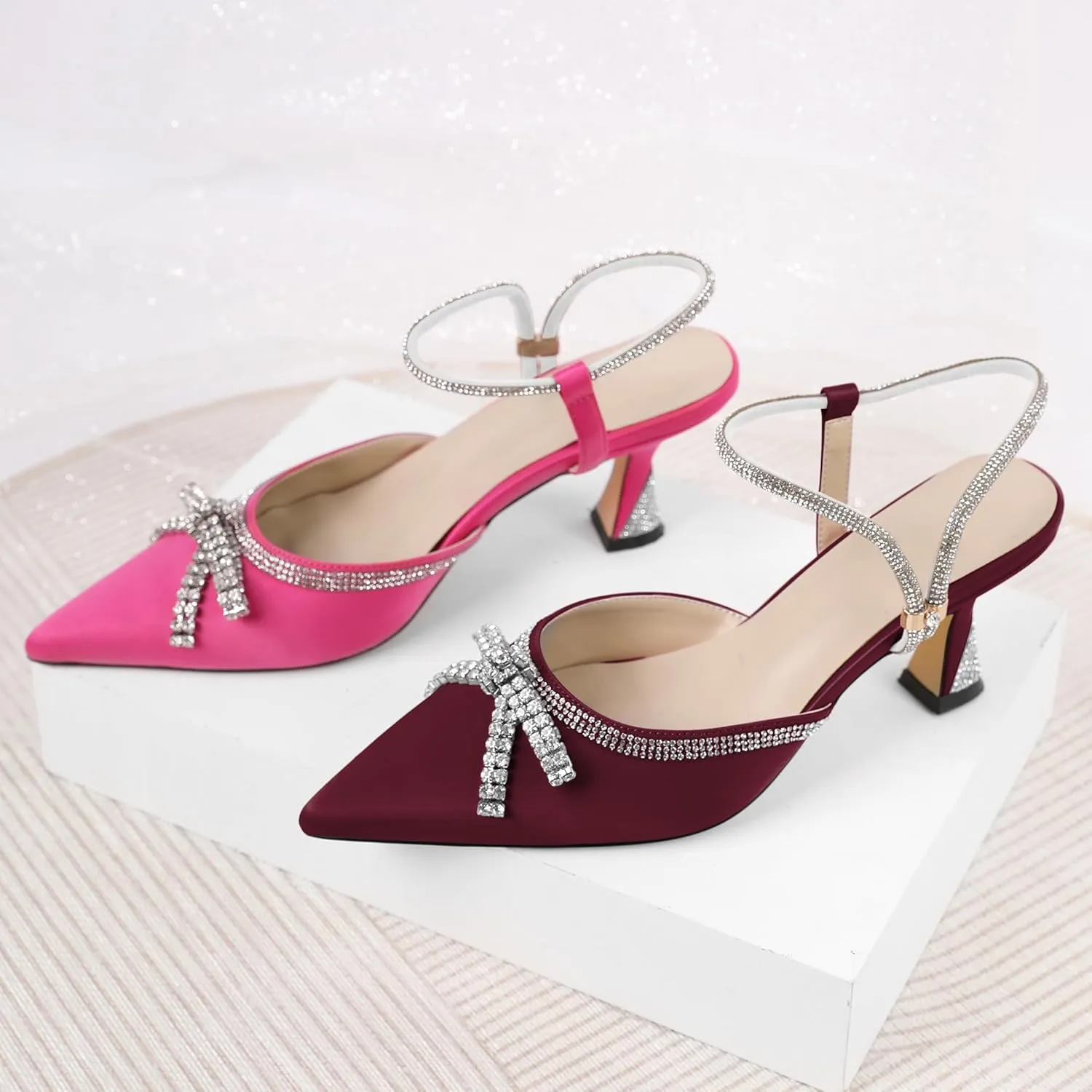 Soireelady Womens Rhinestone Bow Heels Closed Toe Low Kitten Heel Pumps Sparkly Slingback Ankle Strap Pointed Toe Wedding Bridal Dress Shoes 2.5 Inches