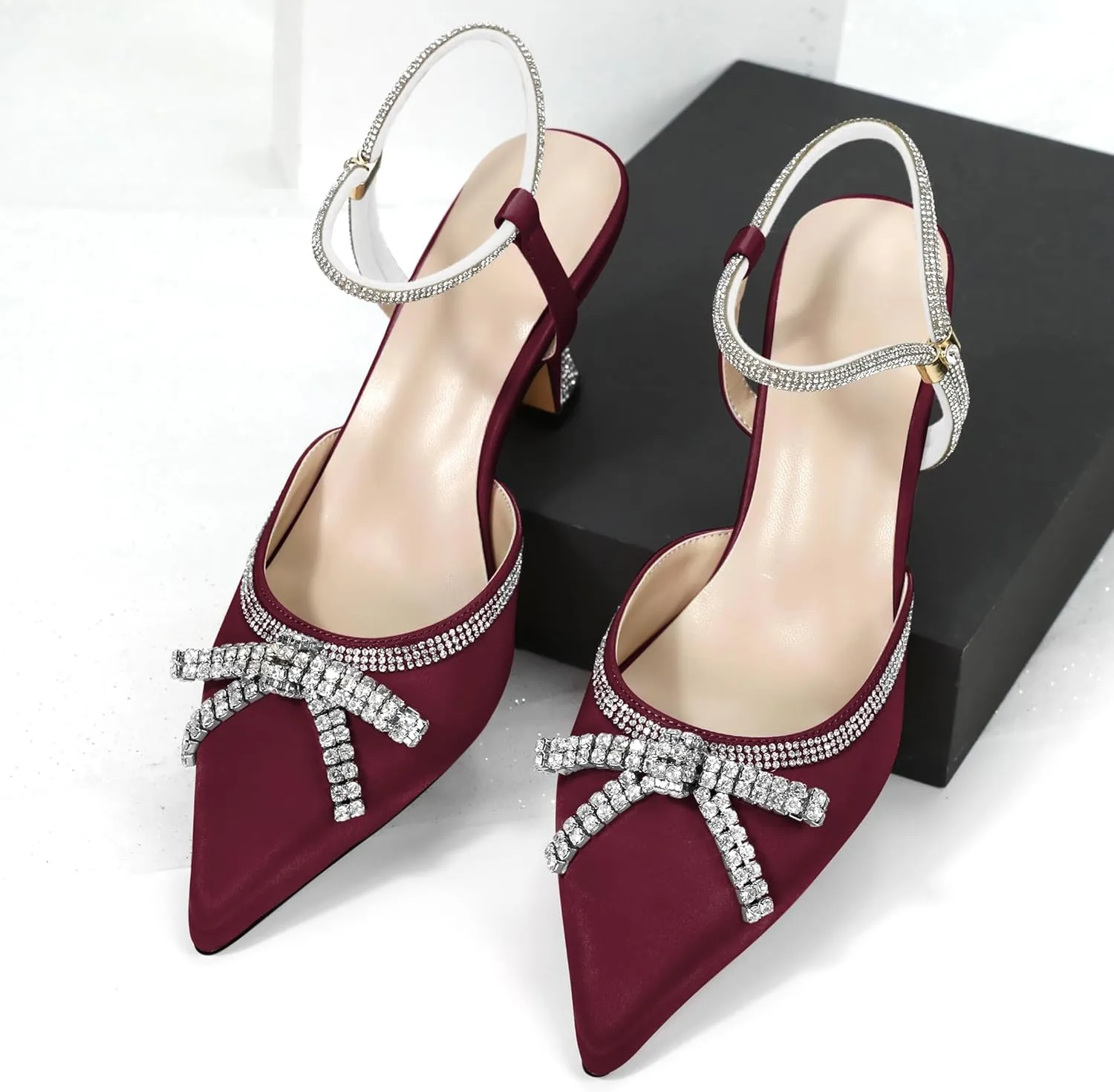 Soireelady Womens Rhinestone Bow Heels Closed Toe Low Kitten Heel Pumps Sparkly Slingback Ankle Strap Pointed Toe Wedding Bridal Dress Shoes 2.5 Inches