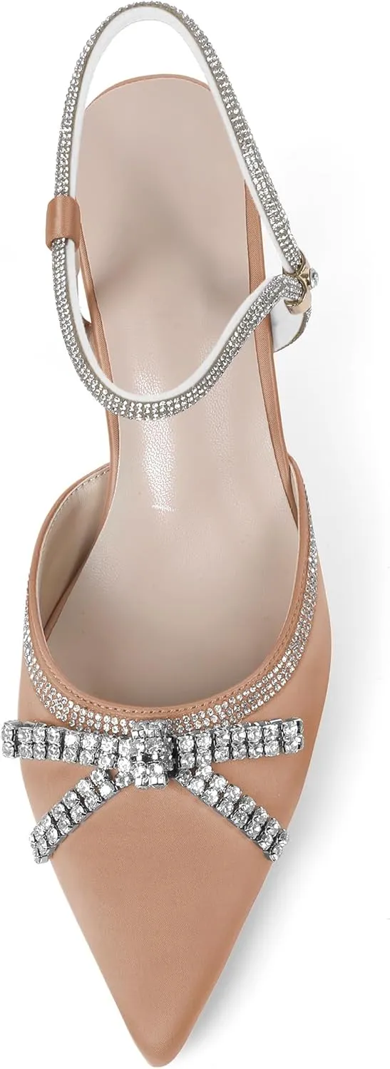 Soireelady Womens Rhinestone Bow Heels Closed Toe Low Kitten Heel Pumps Sparkly Slingback Ankle Strap Pointed Toe Wedding Bridal Dress Shoes 2.5 Inches