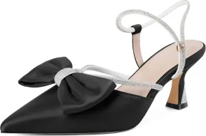 Soireelady Womens Rhinestone Bow Heels Low Kitten Heel Pumps Sparkly Slingback Ankle Strap Closed Pointed Toe Wedding Bridal Dress Shoes Satin 2.5 Inches