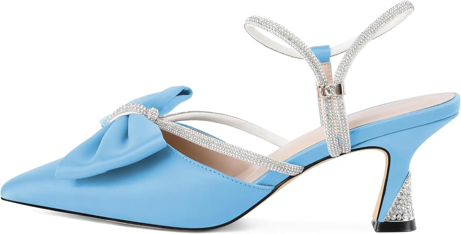 Soireelady Womens Rhinestone Bow Heels Low Kitten Heel Pumps Sparkly Slingback Ankle Strap Closed Pointed Toe Wedding Bridal Dress Shoes Satin 2.5 Inches