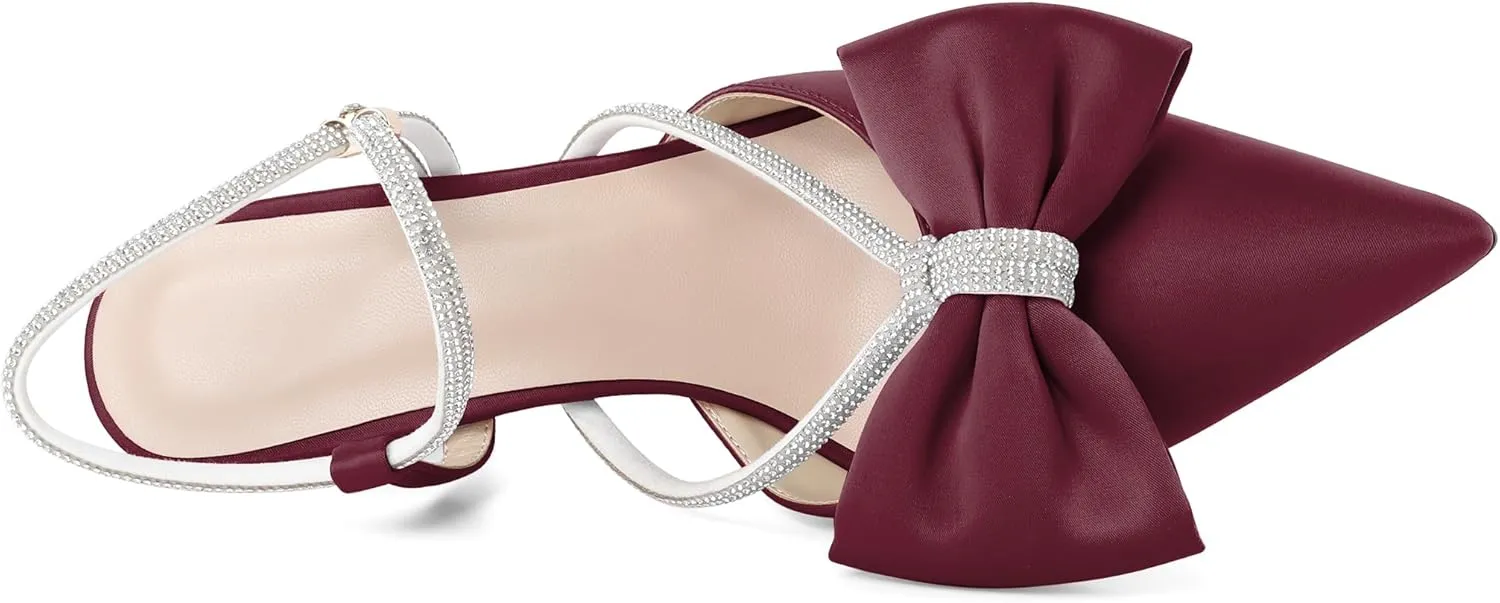 Soireelady Womens Rhinestone Bow Heels Low Kitten Heel Pumps Sparkly Slingback Ankle Strap Closed Pointed Toe Wedding Bridal Dress Shoes Satin 2.5 Inches