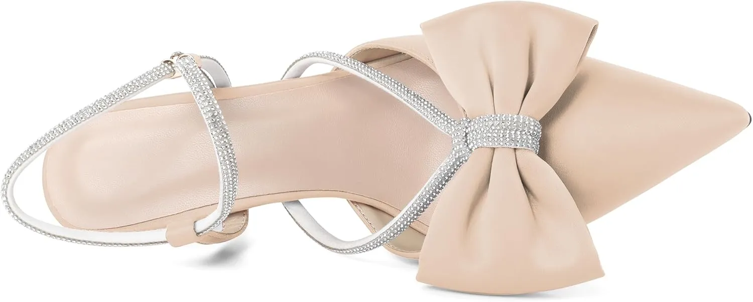 Soireelady Womens Rhinestone Bow Heels Low Kitten Heel Pumps Sparkly Slingback Ankle Strap Closed Pointed Toe Wedding Bridal Dress Shoes Satin 2.5 Inches