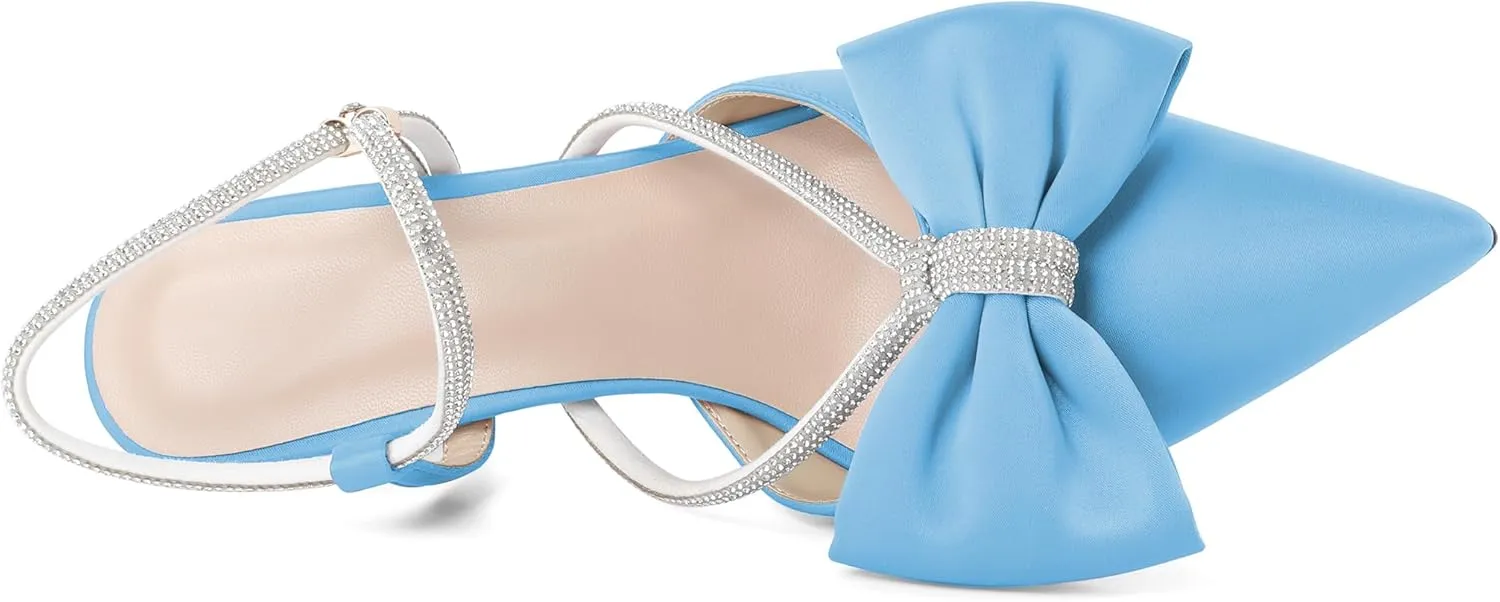 Soireelady Womens Rhinestone Bow Heels Low Kitten Heel Pumps Sparkly Slingback Ankle Strap Closed Pointed Toe Wedding Bridal Dress Shoes Satin 2.5 Inches