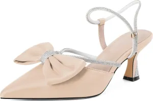 Soireelady Womens Rhinestone Bow Heels Low Kitten Heel Pumps Sparkly Slingback Ankle Strap Closed Pointed Toe Wedding Bridal Dress Shoes Satin 2.5 Inches