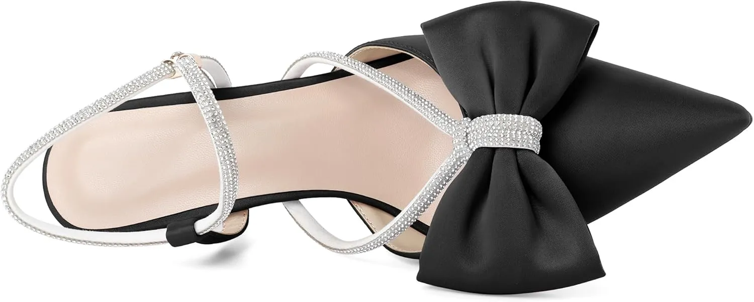 Soireelady Womens Rhinestone Bow Heels Low Kitten Heel Pumps Sparkly Slingback Ankle Strap Closed Pointed Toe Wedding Bridal Dress Shoes Satin 2.5 Inches