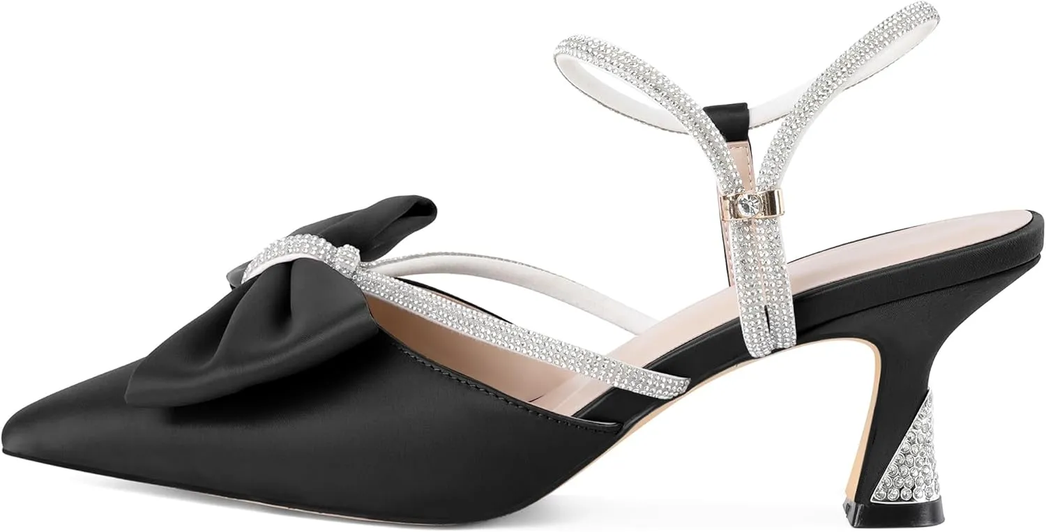 Soireelady Womens Rhinestone Bow Heels Low Kitten Heel Pumps Sparkly Slingback Ankle Strap Closed Pointed Toe Wedding Bridal Dress Shoes Satin 2.5 Inches