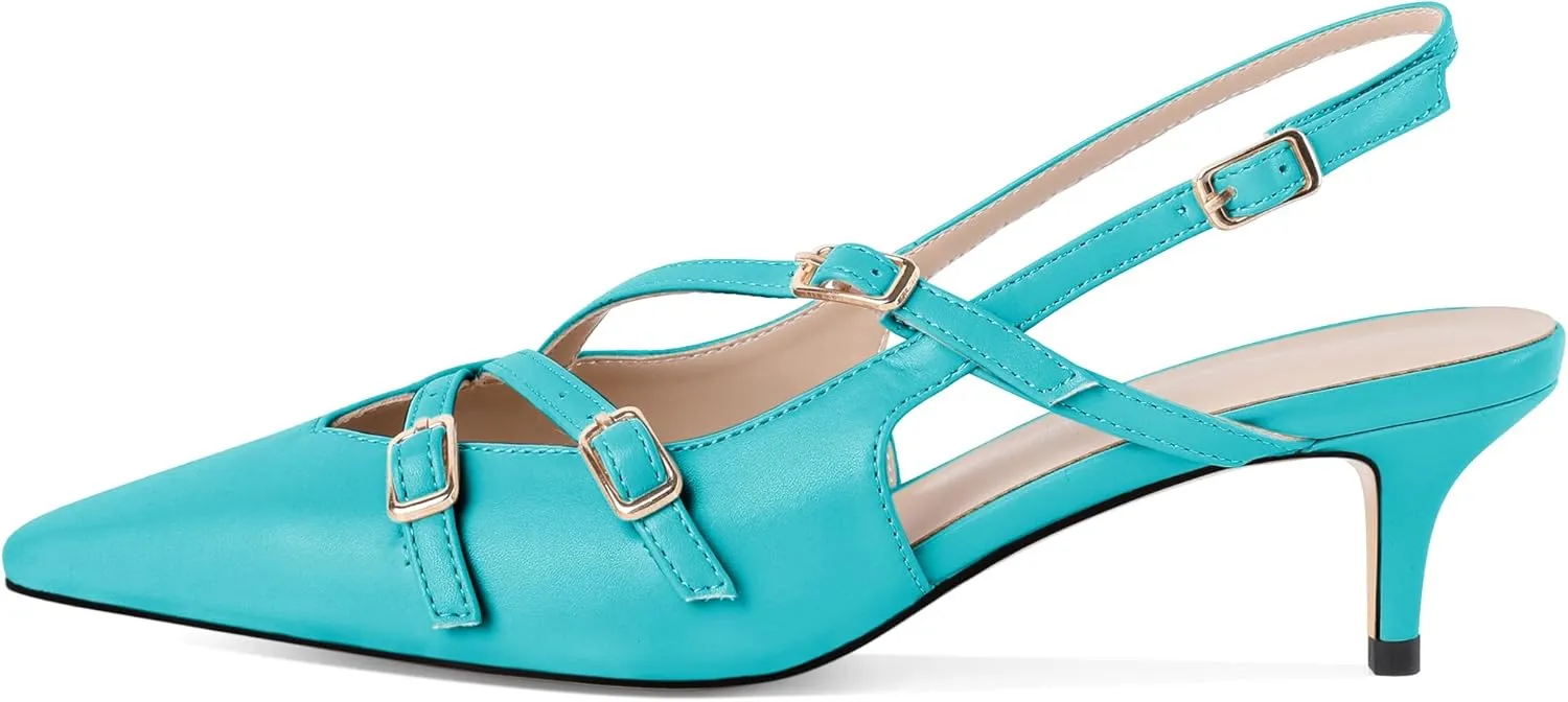 Soireelady Womens Slingback Kitten Heels Closed Pointed Toe Low Heel Pumps with Buckle Straps Fashion Wedding Dress Shoes 2 Inches