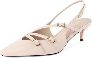 Soireelady Womens Slingback Kitten Heels Closed Pointed Toe Low Heel Pumps with Buckle Straps Fashion Wedding Dress Shoes 2 Inches