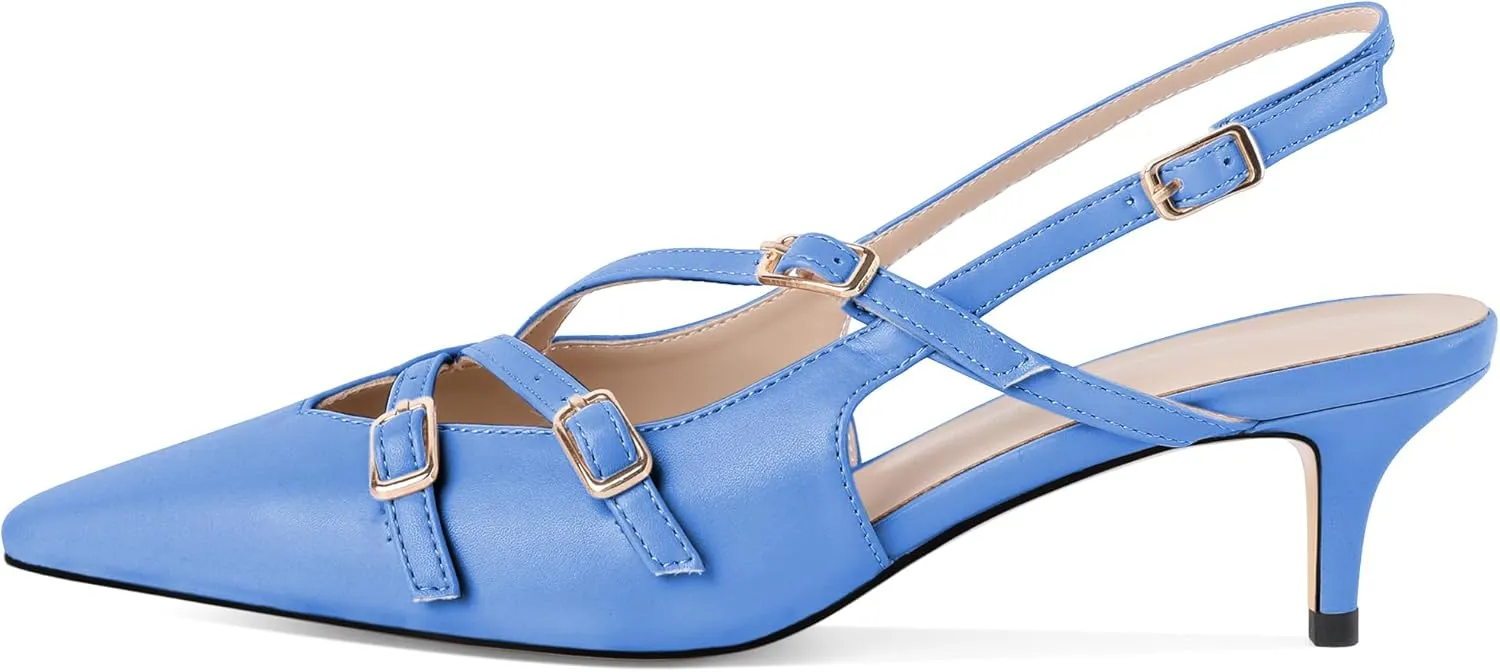 Soireelady Womens Slingback Kitten Heels Closed Pointed Toe Low Heel Pumps with Buckle Straps Fashion Wedding Dress Shoes 2 Inches