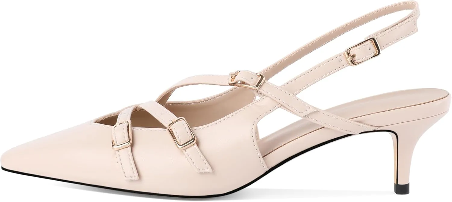 Soireelady Womens Slingback Kitten Heels Closed Pointed Toe Low Heel Pumps with Buckle Straps Fashion Wedding Dress Shoes 2 Inches