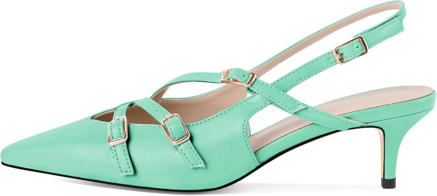 Soireelady Womens Slingback Kitten Heels Closed Pointed Toe Low Heel Pumps with Buckle Straps Fashion Wedding Dress Shoes 2 Inches