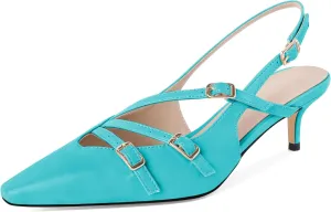 Soireelady Womens Slingback Kitten Heels Closed Pointed Toe Low Heel Pumps with Buckle Straps Fashion Wedding Dress Shoes 2 Inches