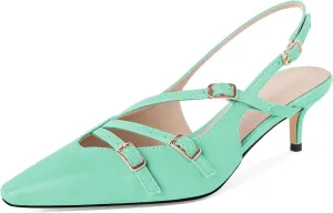 Soireelady Womens Slingback Kitten Heels Closed Pointed Toe Low Heel Pumps with Buckle Straps Fashion Wedding Dress Shoes 2 Inches