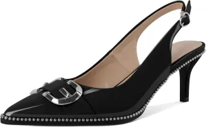 Soireelady Womens Slingback Kitten Heels Low Heel Beaded Pumps Pointed Toe Silver Buckle Fashion Dress Shoes 2.5 Inch
