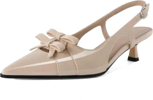 Soireelady Womens Slingback Kitten Heels Low Heel Pumps Pointed Toe Bow Heels Comfort Fashion Dress Shoes Patent Leather 2 Inches
