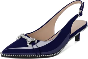 Soireelady Womens Slingback Kitten Heels Low Heel Rhinestones Beaded Pumps Closed Pointed Toe Slip On Party Fashion Dress Shoes 1.5 Inches