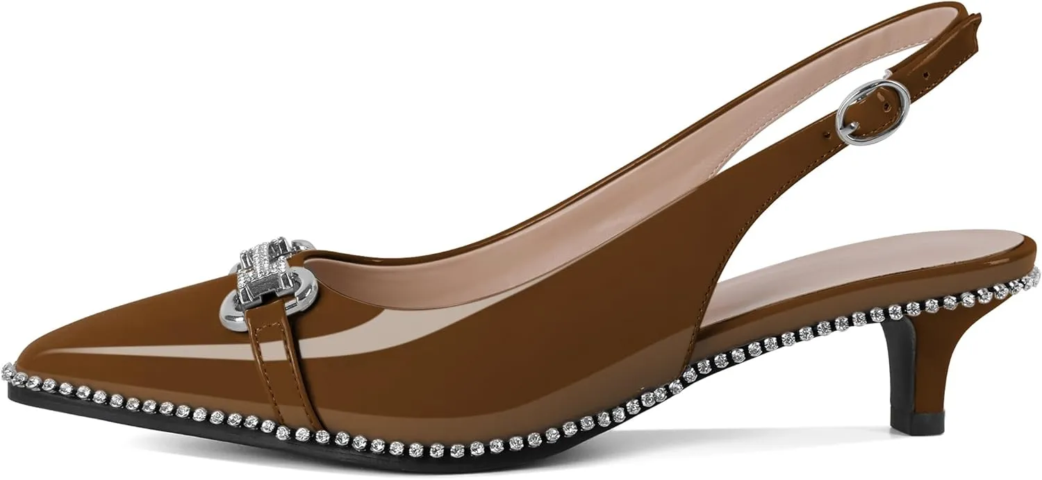 Soireelady Womens Slingback Kitten Heels Low Heel Rhinestones Beaded Pumps Closed Pointed Toe Slip On Party Fashion Dress Shoes 1.5 Inches