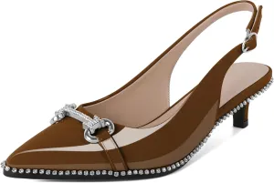 Soireelady Womens Slingback Kitten Heels Low Heel Rhinestones Beaded Pumps Closed Pointed Toe Slip On Party Fashion Dress Shoes 1.5 Inches