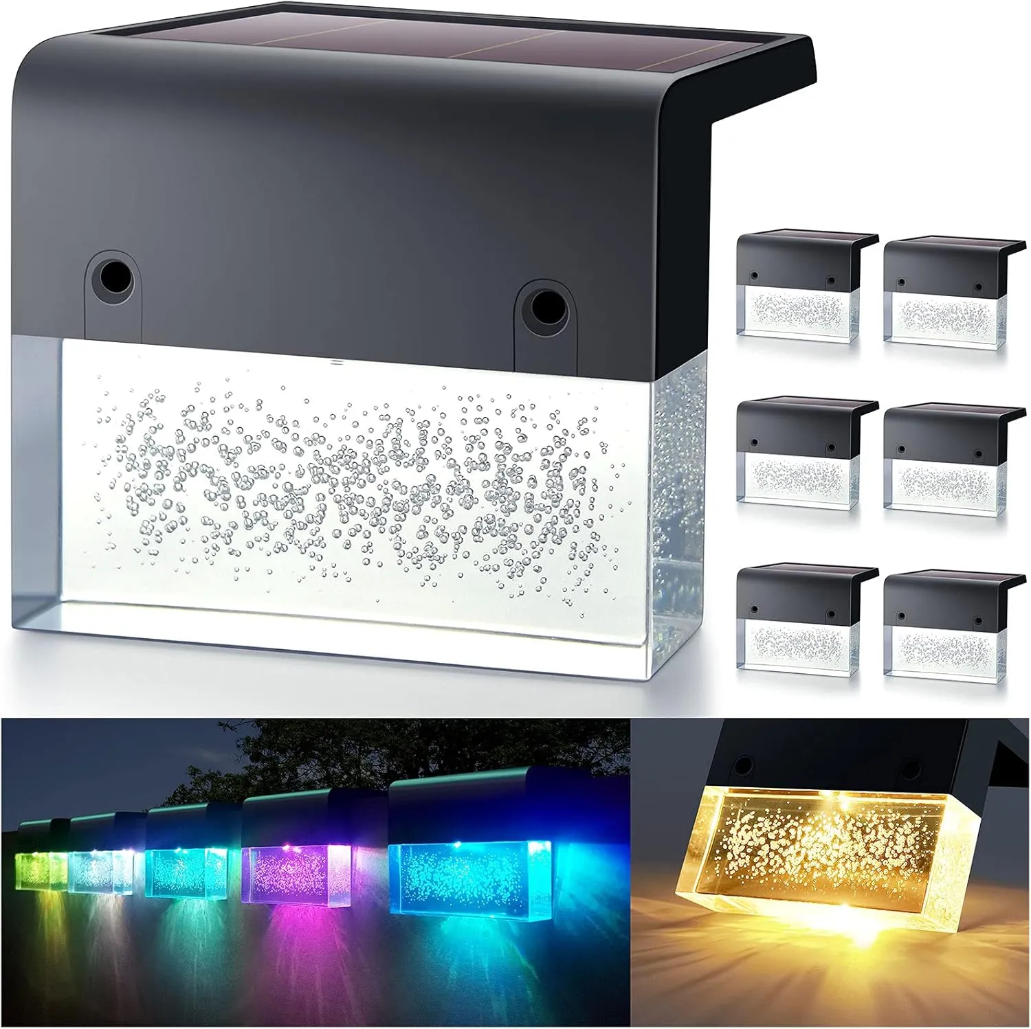 Solar Deck Lights, Led Solar Step Lights Outdoor for Stair, Fence, Patio, Garden Pathway, Step, Super Bright 10 lumens, 2 Lighting Modes, Acrylic Bubbles Warm White/Color Changing 6 Pack