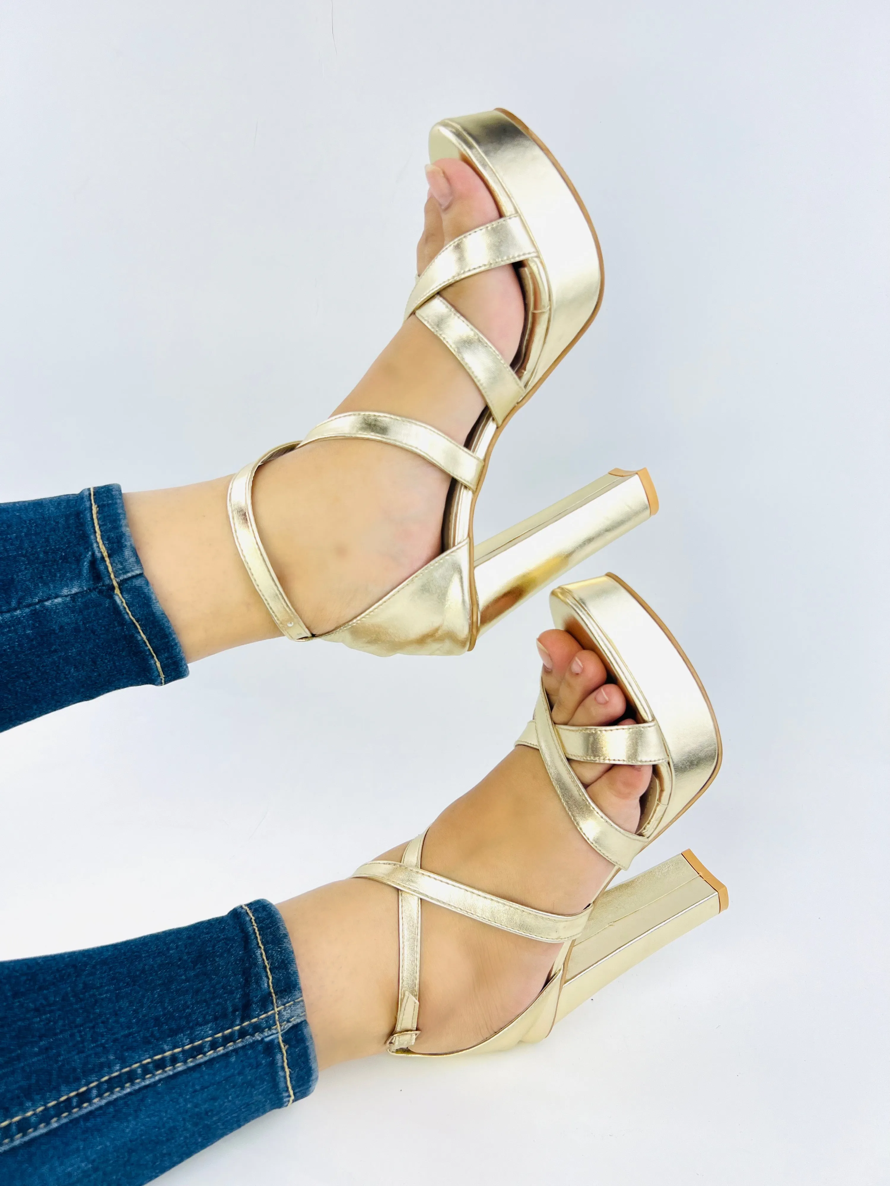 Spunkz Metallic Gold Platform Chunky Heeled Ankle Strap Sandals-11057
