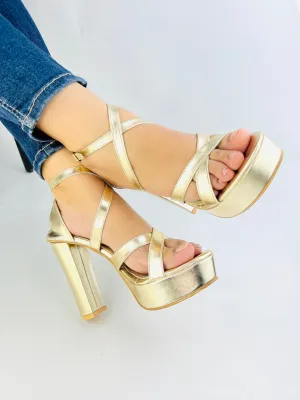 Spunkz Metallic Gold Platform Chunky Heeled Ankle Strap Sandals-11057