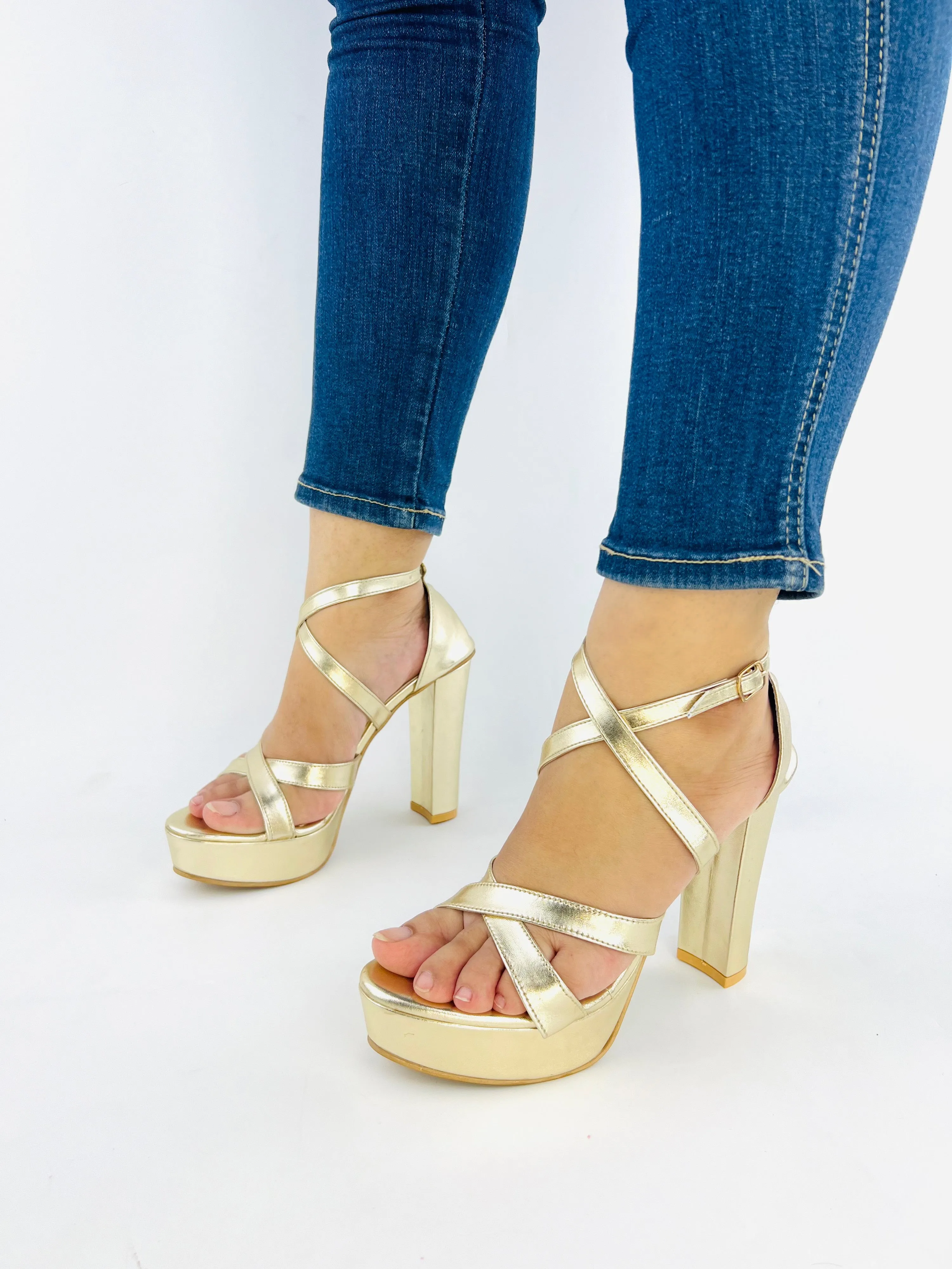 Spunkz Metallic Gold Platform Chunky Heeled Ankle Strap Sandals-11057