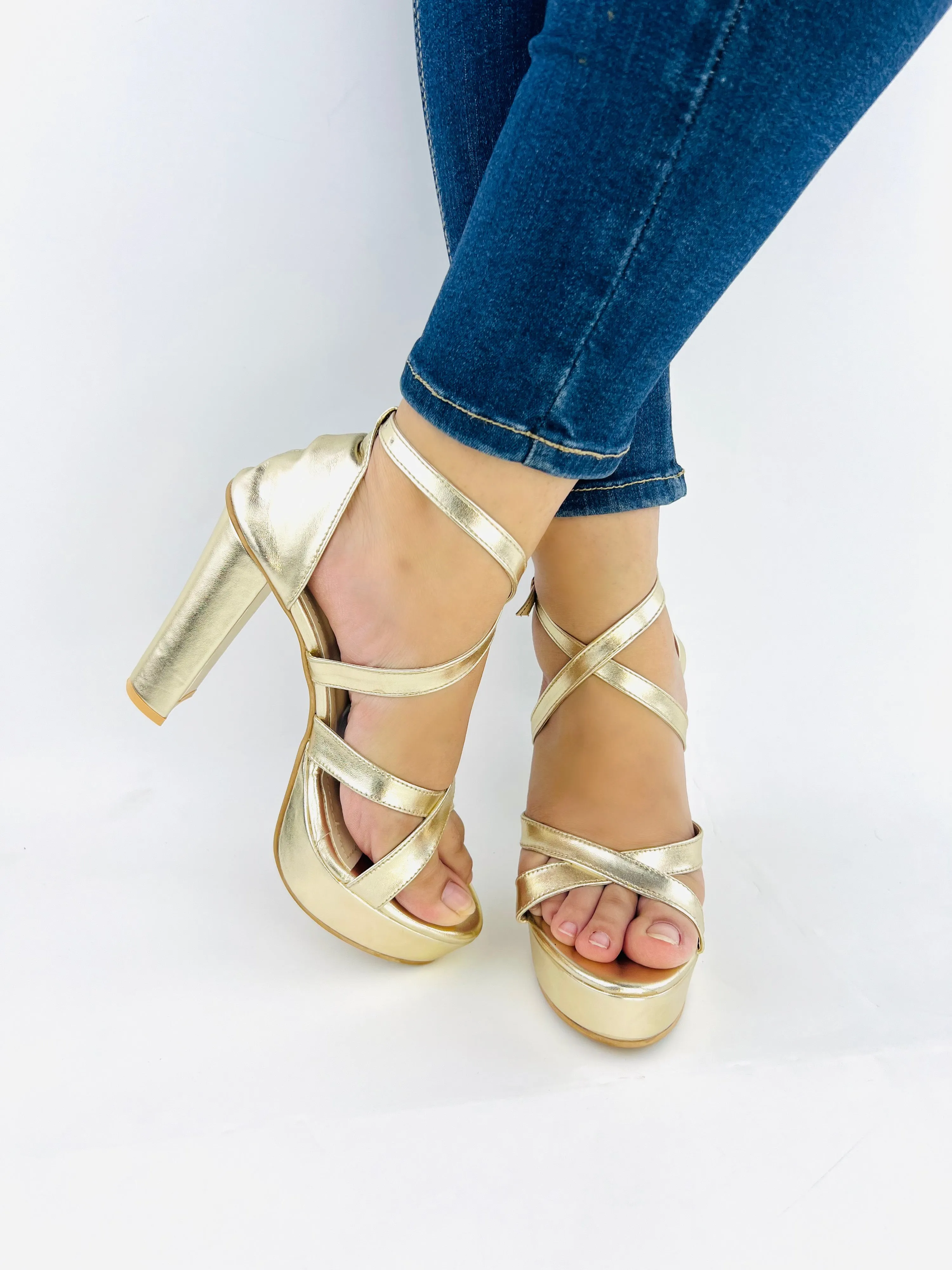 Spunkz Metallic Gold Platform Chunky Heeled Ankle Strap Sandals-11057