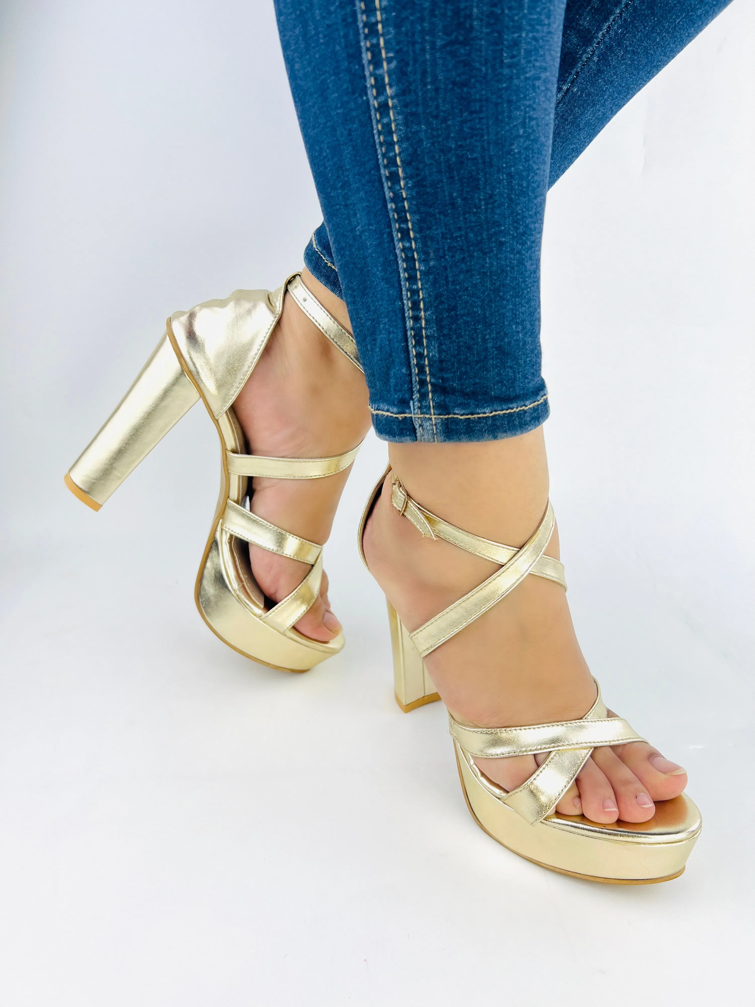 Spunkz Metallic Gold Platform Chunky Heeled Ankle Strap Sandals-11057