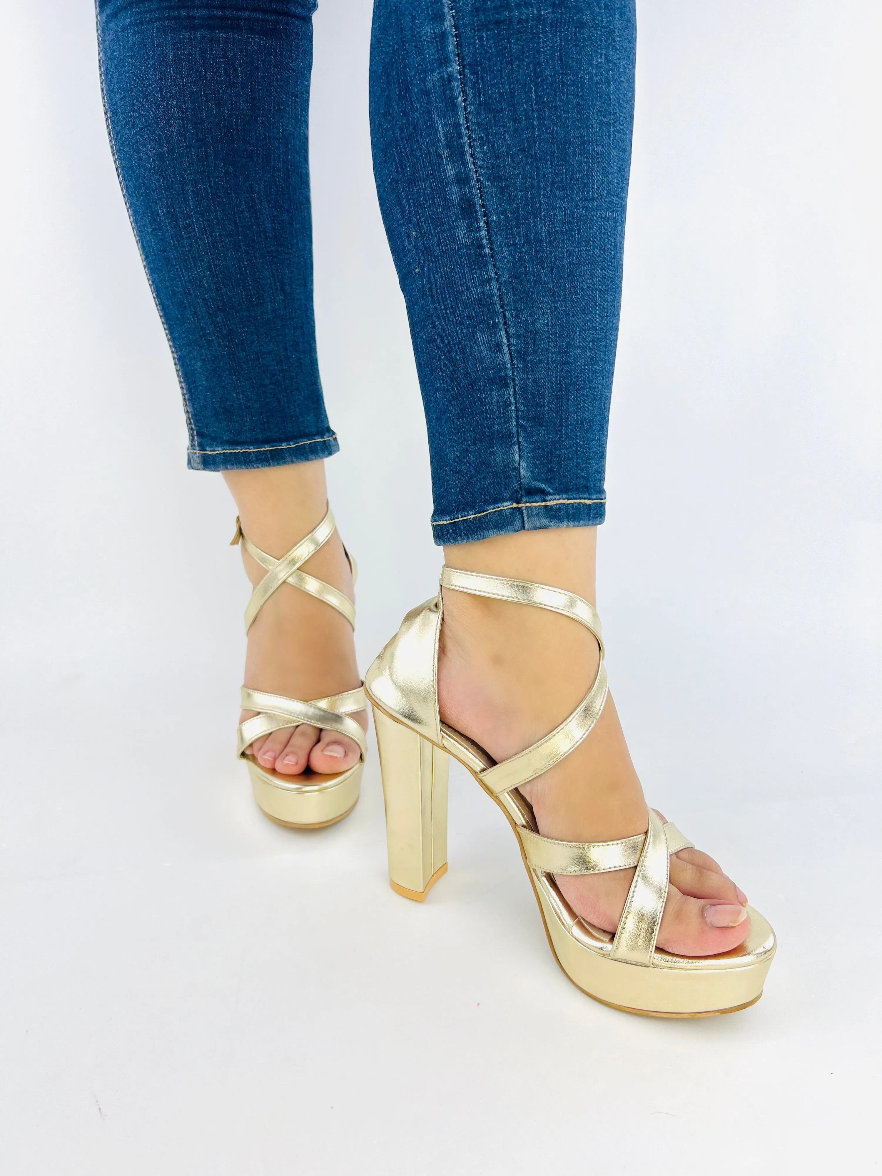 Spunkz Metallic Gold Platform Chunky Heeled Ankle Strap Sandals-11057