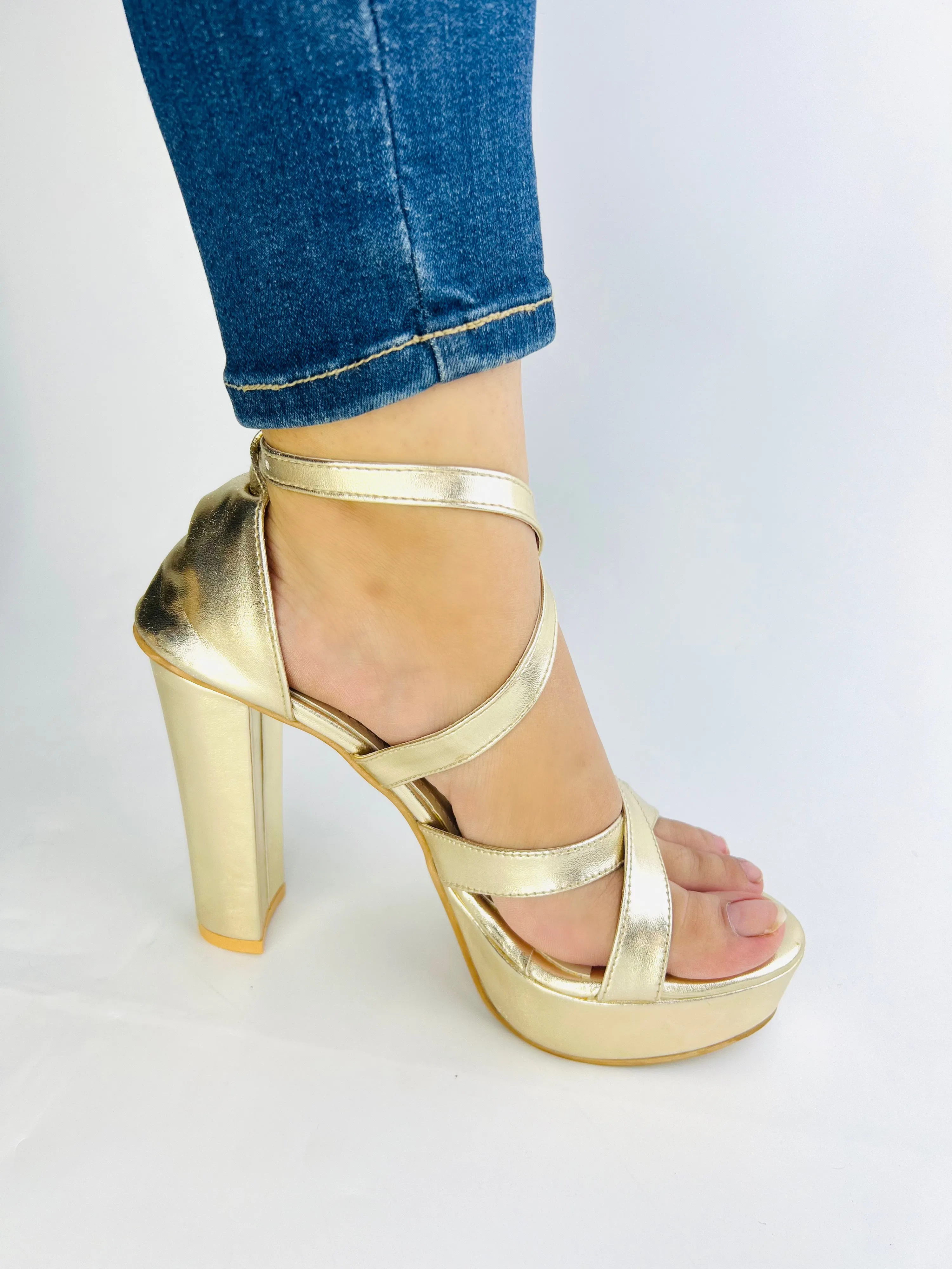 Spunkz Metallic Gold Platform Chunky Heeled Ankle Strap Sandals-11057